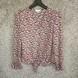 Veronica‎ M Blouse Womens XS Red Long Sleeve Waist Tie V Neck Casual Ladies